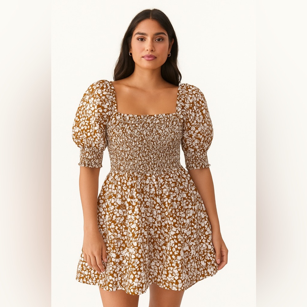 STATE✨ Floral Puff Sleeve Midi Dress in Brown and White
